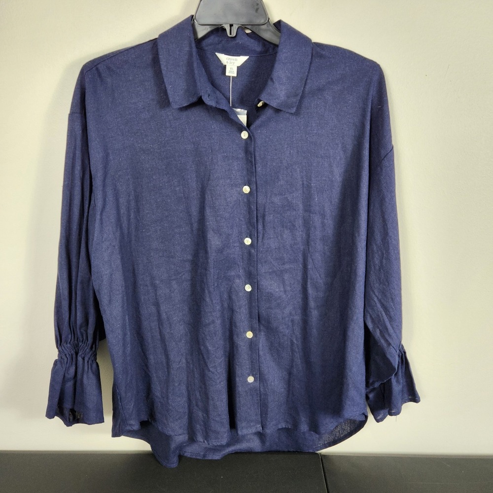 Crown & Ivy Harbor Navy Linen Blend Smocked Cuff Button Down Top XL Coastal Prep